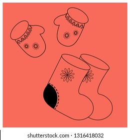 felt boots, mittens with ornament. Linear elements Russian of winter clothes. Accessories Folk costume. coloring book or printing clothes. Educational cards. Vector linear llustration