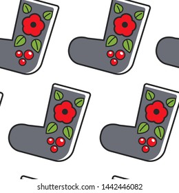 Felt boots Russian traditional footwear seamless pattern vector shoes with ornament flower and berries endless texture traveling and tourism Russia traditions and customs wallpaper print clothing.