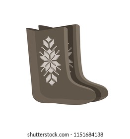 Felt boots shoes made of wool used in winter period. Footwear with ethnic floral decorative elements. Comfortable warm items, vector illustration