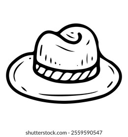 Felt hat hand drawn doodle. Man's clothing accessory. Traditional headdress. Cap on head. Fabric item of classic suit. Vector line art illustration.