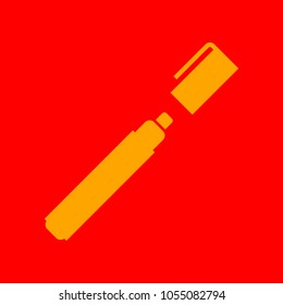 Felt pen with cap icon. Vector. Orange icon with white holes if exist at red background. Isolated.