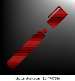 Felt pen with cap icon. Vector. Striped red and black icon at gradient blackish background. Zebra.