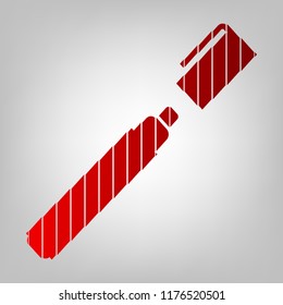 Felt pen with cap icon. Vector. Vertically divided icon with colors from reddish gradient in gray background with light in center.