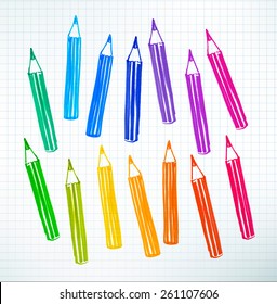 Felt pen childlike drawing of colored pencils on checkered school notebook paper. Vector illustration.