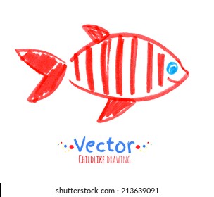 Felt Pen Childlike Drawing Of Fish. Vector Illustration. Isolated.