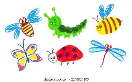 Felt pen childlike drawing illustration set of cute insects characters