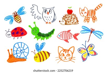 Felt pen childlike drawing illustration set of cute animals and insects characters