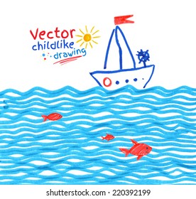 Felt pen childlike drawing of seaside. Vector illustration.