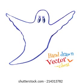 Felt pen drawing of cute smiling ghost. Vector illustration. Isolated.