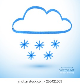 Felt pen drawing of snowy cloud. Vector illustration. isolated.