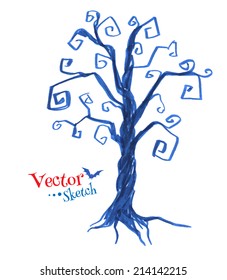 Felt pen drawing of spooky tree. Vector illustration. Isolated.