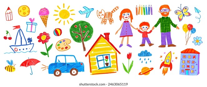 Felt pen hand drawn vector illustrations set of child drawings and doodles