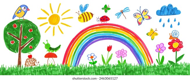 Felt pen hand drawn vector illustrations set of child drawing of summer landscape with flowers and trees