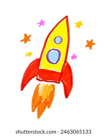 Felt pen hand drawn vector illustration of child drawing of rocket