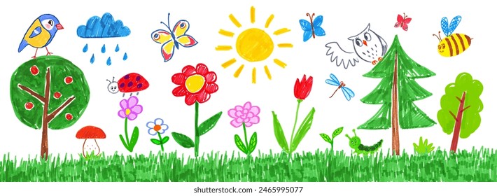 Felt pen hand drawn vector illustrations collection of child drawing of summer landscape with flowers and trees