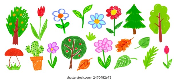 Felt pen hand drawn vector illustrations collection of child drawing of leaves, flowers and trees