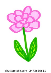 Felt pen hand drawn vector illustration of child drawing of flower with leaves