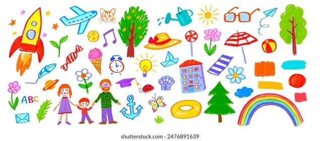 Felt pen hand drawn vector illustrations set of child drawings and doodles