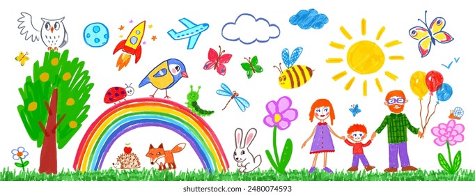 Felt pen hand drawn vector illustrations set of child drawing of family summer nature background