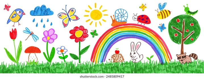 Felt pen hand drawn vector illustrations set of child drawing of summer landscape with flowers, trees and rainbow arc