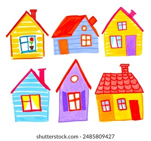 Felt pen hand drawn vector illustrations collection of child drawings of houses