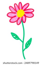 Felt pen hand drawn vector illustration of child drawing of flower with leaves