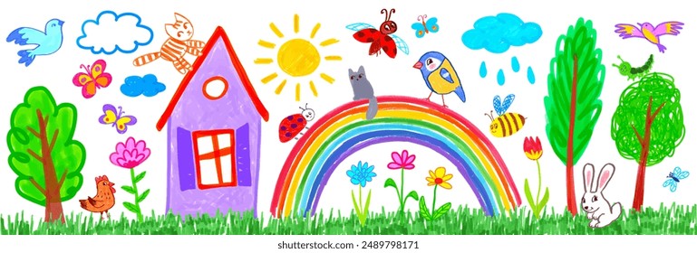 Conjunto de Ilustraciones vectoriales dibujadas a mano de pluma de fieltro de dibujo infantil de paisaje de verano con casa, arco iris y plantas