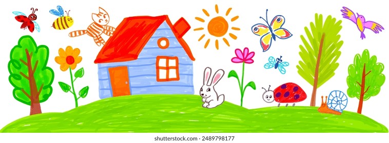 Felt pen hand drawn vector illustrations set of child drawing of rural summer landscape with house, flowers and trees