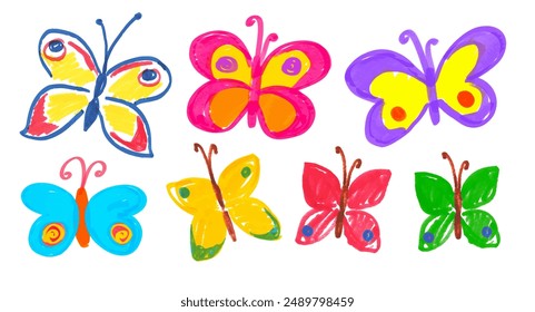 Felt pen hand drawn vector illustrations collection of child drawings of butterflies