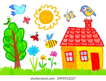 Felt pen hand drawn vector illustrations set of child drawing of summer landscape with house, flowers and trees