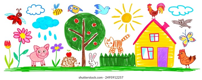 Felt pen hand drawn vector illustrations set of child drawing of summer landscape with house, flowers and trees