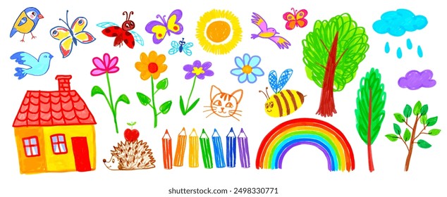 Felt pen hand drawn vector illustrations collection of child drawings and doodles