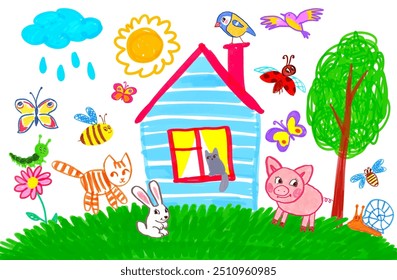 Felt pen hand drawn vector illustrations set of child drawing of landscape with house and trees