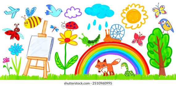 Felt pen hand drawn vector illustrations set of child drawing of landscape with rainbow, cute animals and artists easel