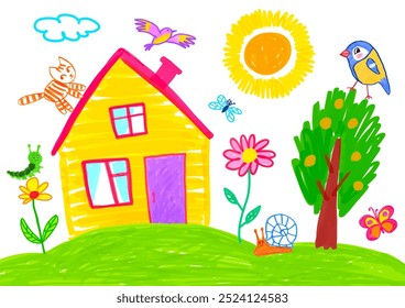 Felt pen hand drawn vector illustrations collection of child drawing of countryside landscape with house, tree and animals