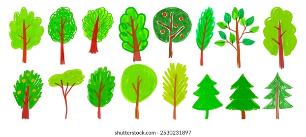 Felt pen hand drawn vector illustrations collection of child drawings of trees