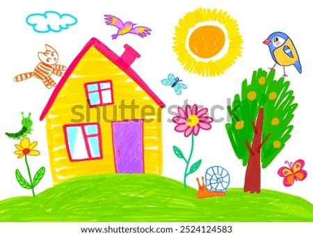 Felt pen hand drawn vector illustrations collection of child drawing of countryside landscape with house, tree and animals
