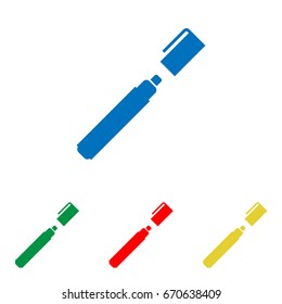 Felt pen icon. Vector. Big blue flat icon with red, green and yellow small icons at white background. Isolated.
