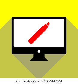 Felt pen icon. Vector. Red icon on white monitor of black all-in-one desktop computer with two shadows at yellow background.