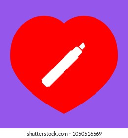 Felt pen icon. Vector. White icon in red heart at lavender background.