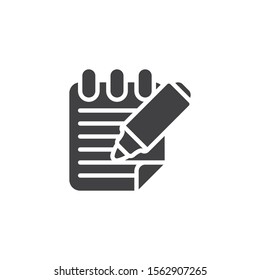 Felt pen and notepad paper vector icon. filled flat sign for mobile concept and web design. Notebook and marker pen glyph icon. Symbol, logo illustration. Vector graphics