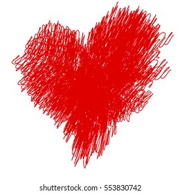 Felt pen painted valentine heart texture. Isolated Hand drawn red love symbol. Grunge holiday romantic sign. Stroke shaded shape. Icon, badge, label background. High detailed quality. EPS10 vector.