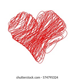 Felt pen painted valentine heart texture. Isolated Hand drawn red love symbol. Grunge holiday romantic sign. Stroke shaded shape. Icon, badge, label background. High detailed quality. EPS10 vector.