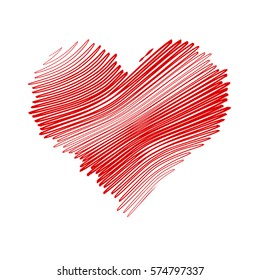 Felt pen painted valentine heart texture. Isolated Hand drawn red love symbol. Grunge holiday romantic sign. Stroke shaded shape. Icon, badge, label background. High detailed quality. EPS10 vector.