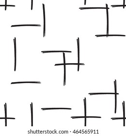 A caneta de feltro traça o plano de fundo sem costura em cores preto e branco. O marcador marca o padrão de repetição desenhado à mão. Textura abstrata para impressão, têxtil, tecido. Ilustração do vetor EPS8.