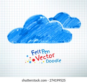 Felt pen vector childlike drawing of clouds on checkered school notebook background.