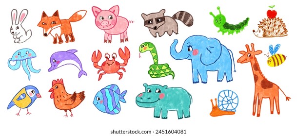 Felt pen vector colorful child drawings illustrations set of cute animals 