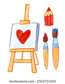 Felt pen vector illustrations of child drawings of art supplies