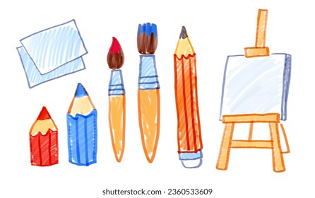 Felt pen vector illustrations collection of child drawings of art supplies