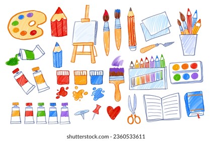 Felt pen vector illustrations collection of child drawings of art supplies